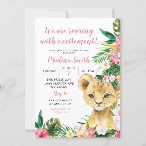 Tropical Lion Cub Girl Baby Shower Invitation