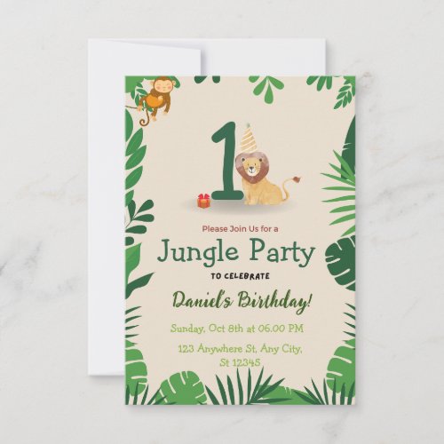 Tropical Lion Safari Kids Birthday invitation