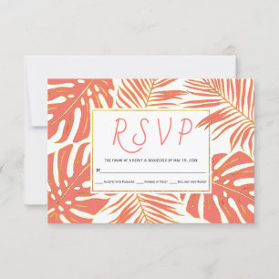 Tropical living coral and gold leaves wedding RSVP Card