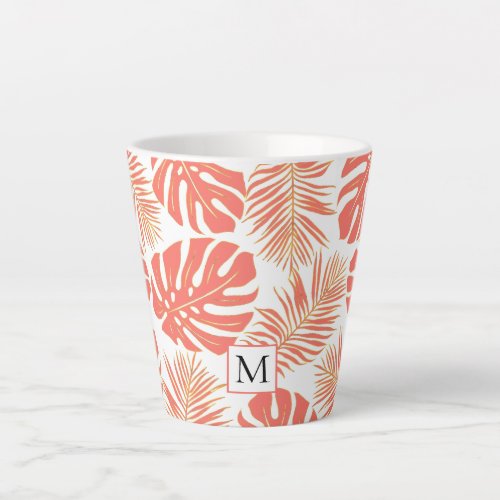 Tropical living coral gold leaves and monogram latte mug