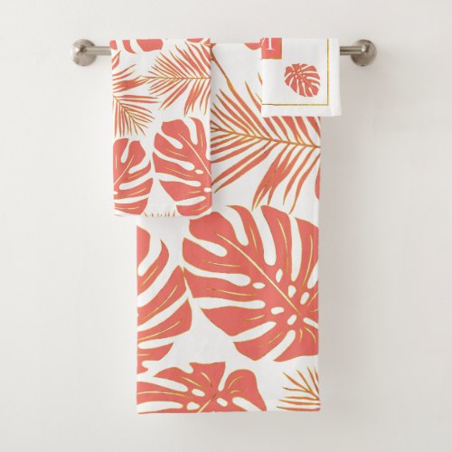 Tropical living coral leaves and monogram bath towel set