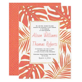 Tropical living coral monstera palm leaves wedding invitation