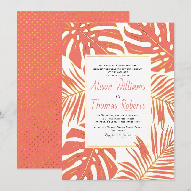 Tropical living coral monstera palm leaves wedding invitation (Front/Back)
