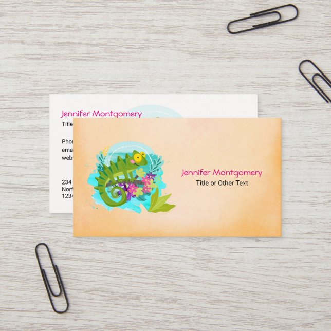 Tropical Lizard with Flowers Business Card (Front/Back In Situ)