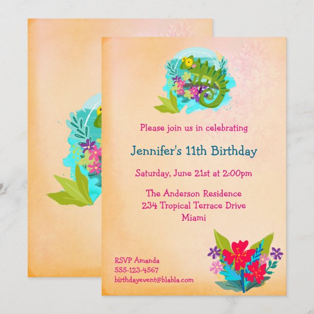 Tropical Lizard with Flowers Luau Birthday Invite (Front/Back)