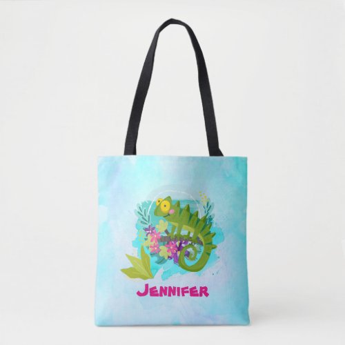 Tropical Lizard with Flowers On Turquoise Blue Tote Bag