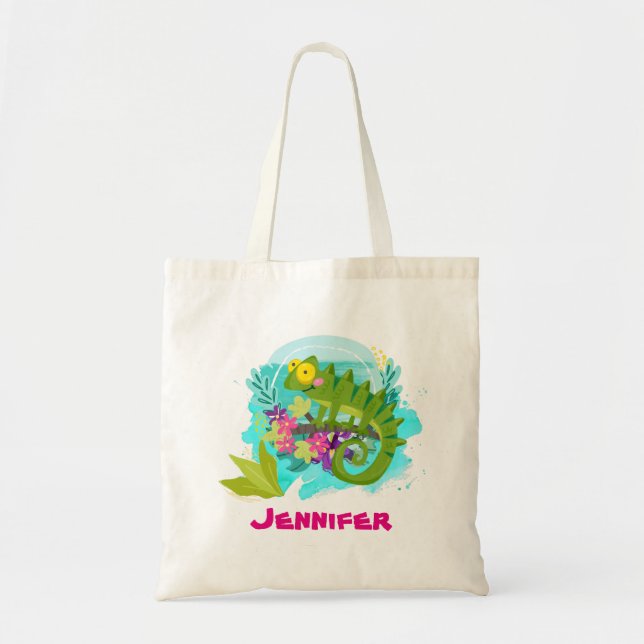 Tropical Lizard with Flowers Personalized Tote Bag (Front)