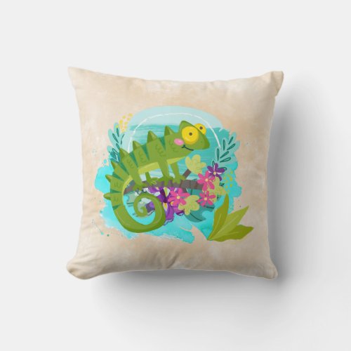 Tropical Lizard with Flowers Throw Pillow