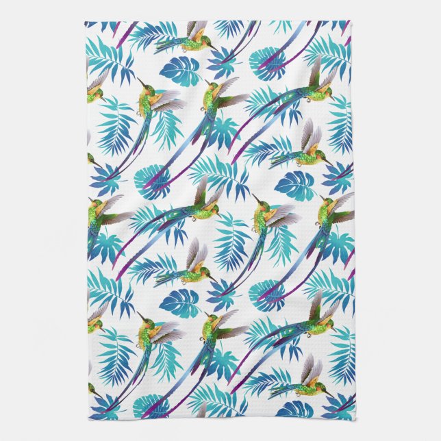 Tropical Long Tail Hummingbirds Kitchen Towel (Vertical)