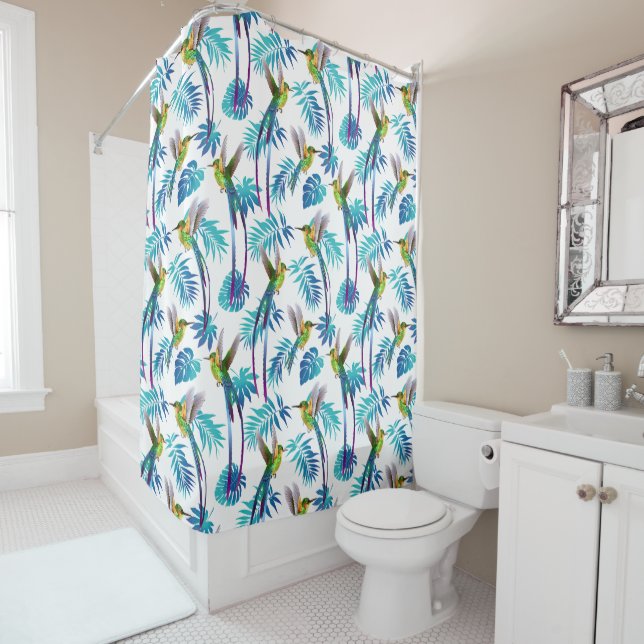 Tropical Long Tail Hummingbirds Shower Curtain (In Situ)