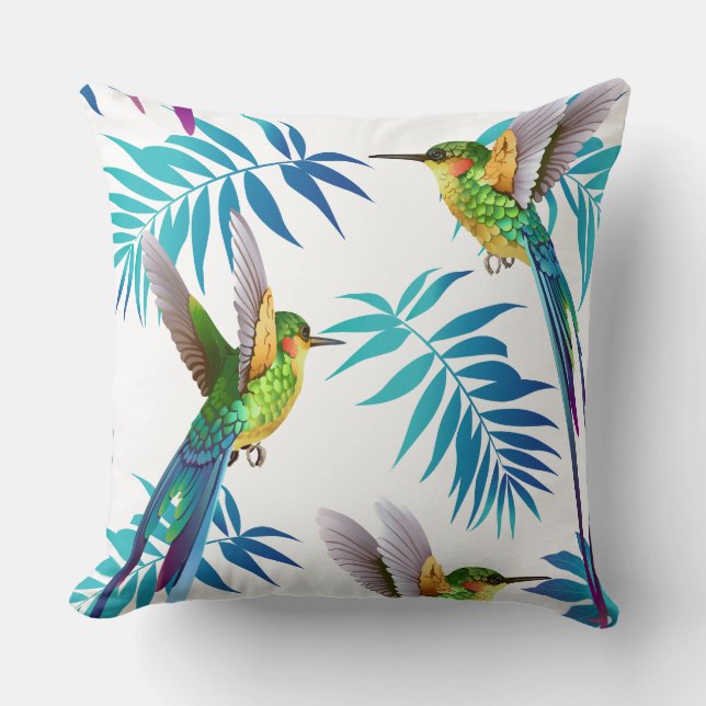 Tropical Long Tail Hummingbirds Throw Pillow (Front)