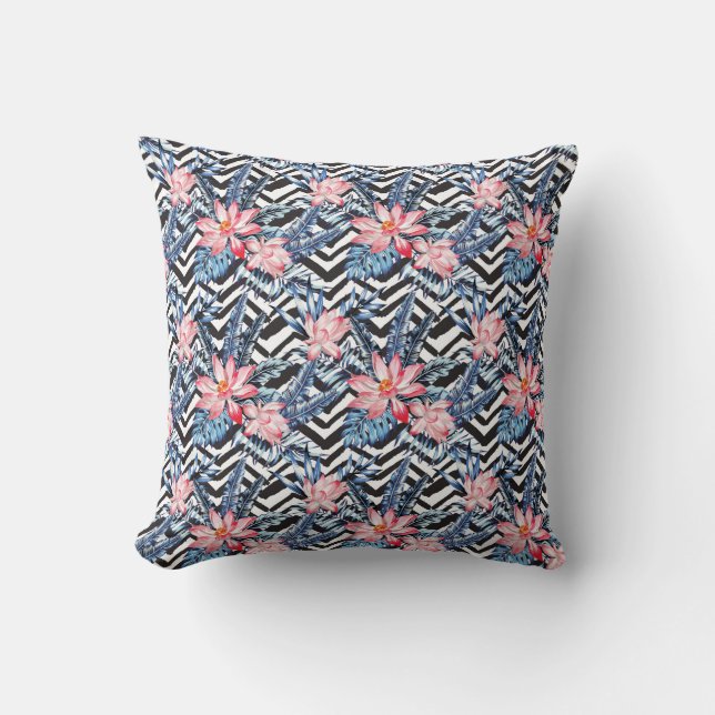 Tropical Lotus Flower Pattern Throw Pillow (Front)