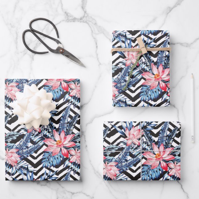 Tropical Lotus Flower Pattern Wrapping Paper Sheets (Front)