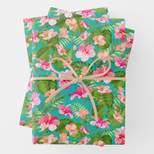 Tropical lowers on Turquoise Wrapping Paper Sheets