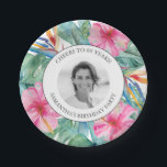 Tropical Luau 60th birthday plates<br><div class="desc">Celebrate in island style with these 60th birthday plates, perfect for a tropical birthday party theme. Featuring vibrant watercolor pink hibiscus flowers and lush monstera palm leaves, these personalized luau paper plates add a festive and elegant touch to your 60th birthday decorations. Customize the template fields to include the guest...</div>