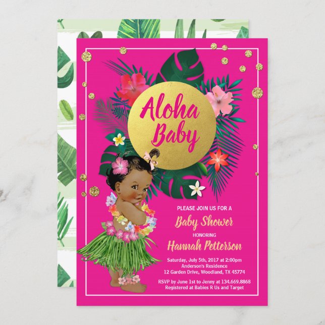 Tropical luau baby girl shower invitation hot pink (Front/Back)