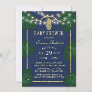 Tropical Luau Baby Shower Pineapple Navy & Gold Invitation