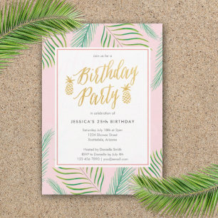Tropical Luau Birthday Invitations in Pink & Gold