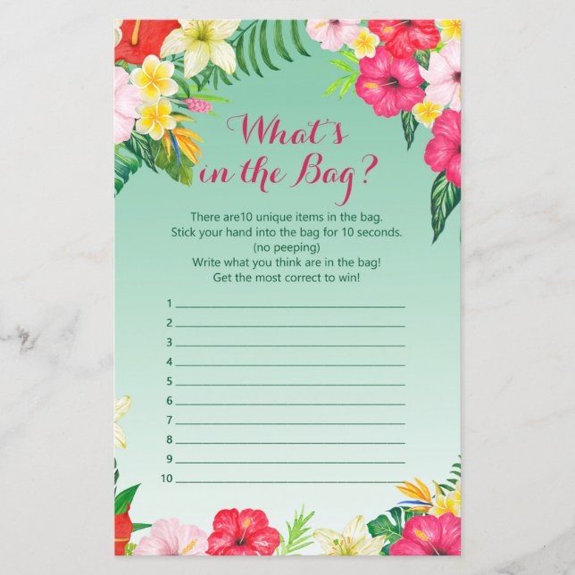 Tropical Luau Bridal Shower Game PRINTED (Front)
