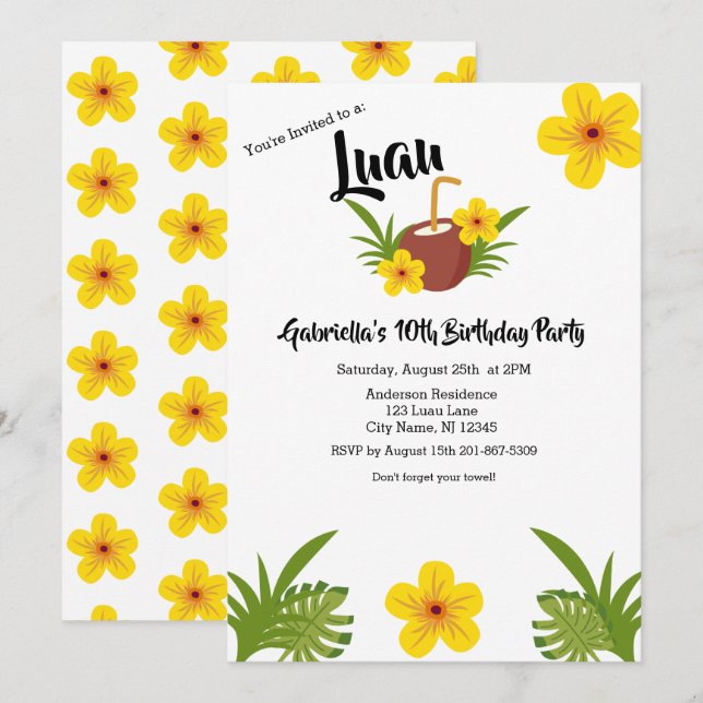 Tropical Luau Coconut Birthday Party Invitation (Front/Back)