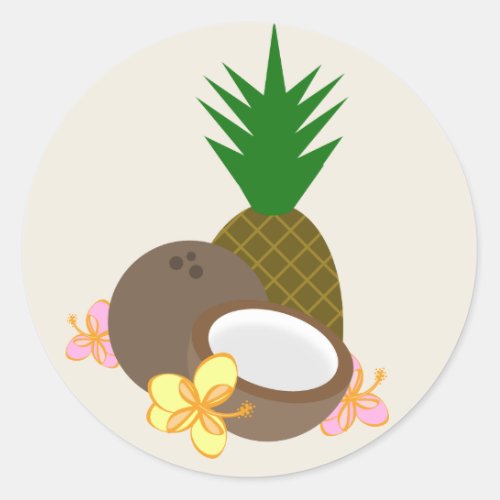 Tropical Luau Coconut Pineapple Hibiscus Classic Round Sticker