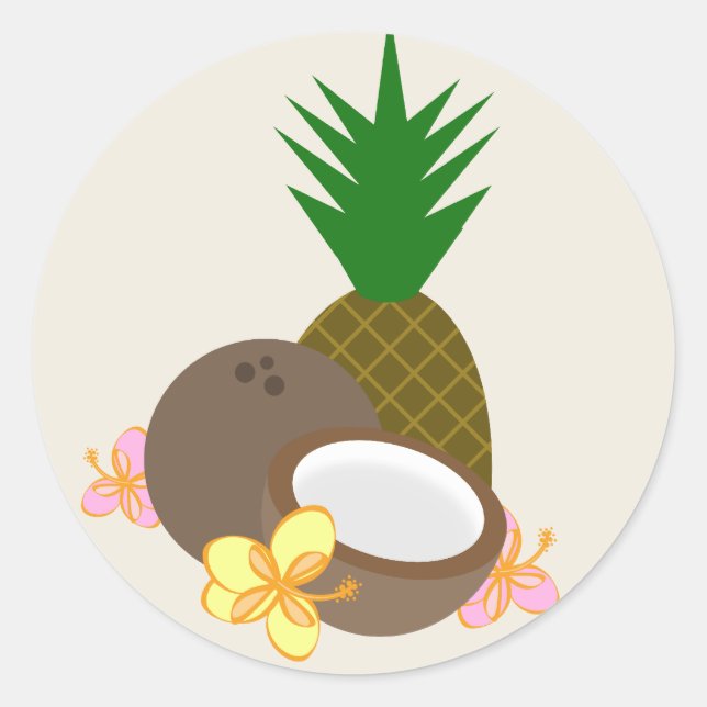 Tropical Luau Coconut Pineapple Hibiscus Classic Round Sticker (Front)