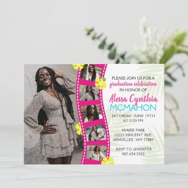 Tropical Luau Filmstrip 6 Photo Graduation Invitation (Standing Front)