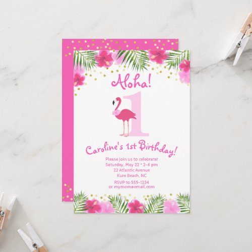 Tropical Luau Flamingo 1st Birthday Girl Invitation