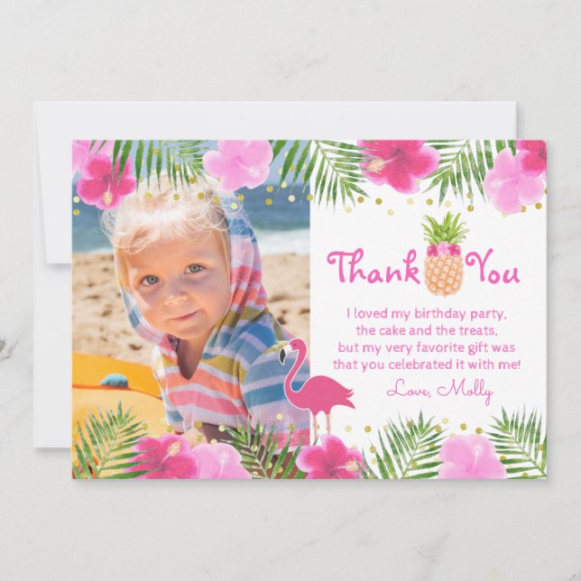 Tropical Luau Flamingo Birthday Girl Thank You (Front)