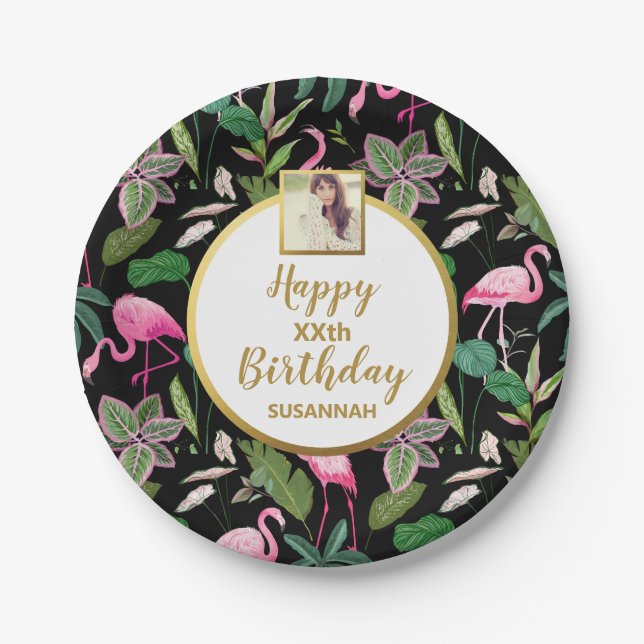 Tropical Luau Flamingo Palm Leaves, Birthday Photo Paper Plates (Front)