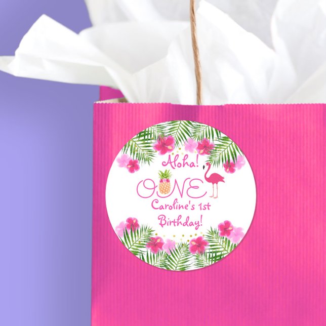 Tropical Luau Flamingo Pineapple First Birthday Classic Round Sticker (Creator Uploaded)