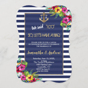 Tropical Luau Floral Navy Stripes I DO BBQ Invite