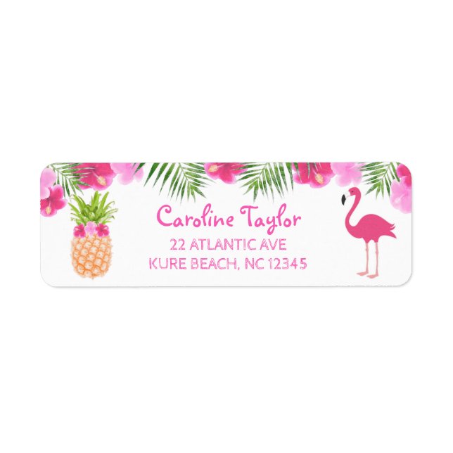 Tropical Luau Floral PIneapple Flamingo Birthday Label (Front)