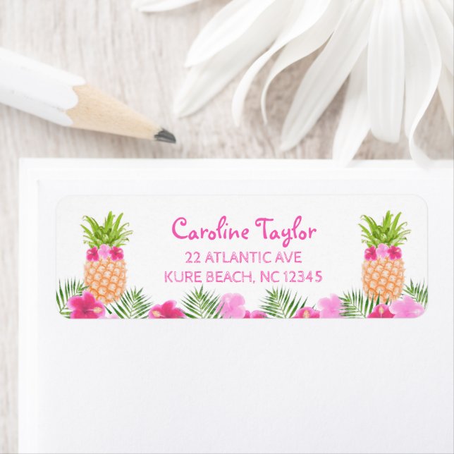 Tropical Luau Floral PIneapple Girl Birthday Label (Insitu)