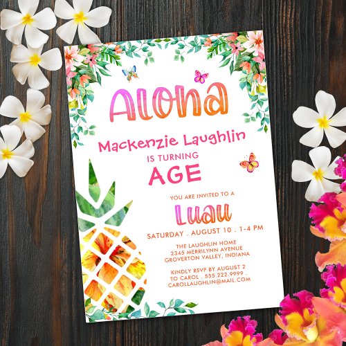 Tropical Luau Girl Birthday Aloha Pineapple Invitation