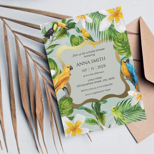 Tropical Luau Parrots Plumeria Bridal Shower Invitation