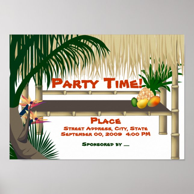 Tropical Luau Party Tiki Bar Hut Invitation Poster (Front)