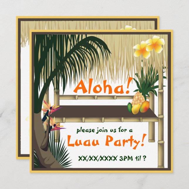 Tropical Luau Party Tiki Hut Invitation (Front/Back)