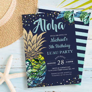 Tropical Luau Pineapple Beach Navy Blue Birthday Invitation