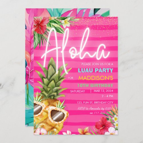 Tropical Luau Pineapple Beach Pink Girl Birthday  Invitation