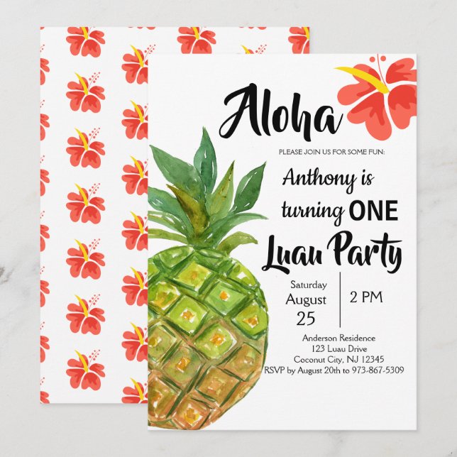 Tropical Luau Pineapple First Birthday Party Invitation (Front/Back)