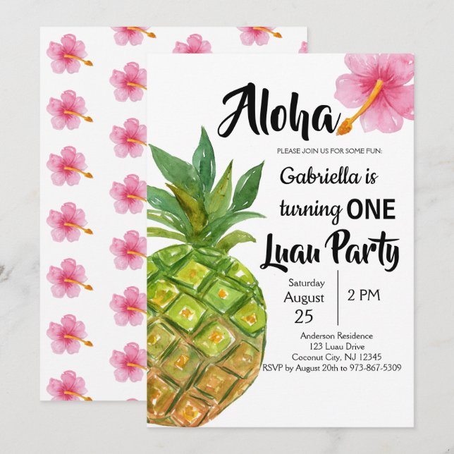 Tropical Luau Pineapple First Birthday Party Invitation (Front/Back)