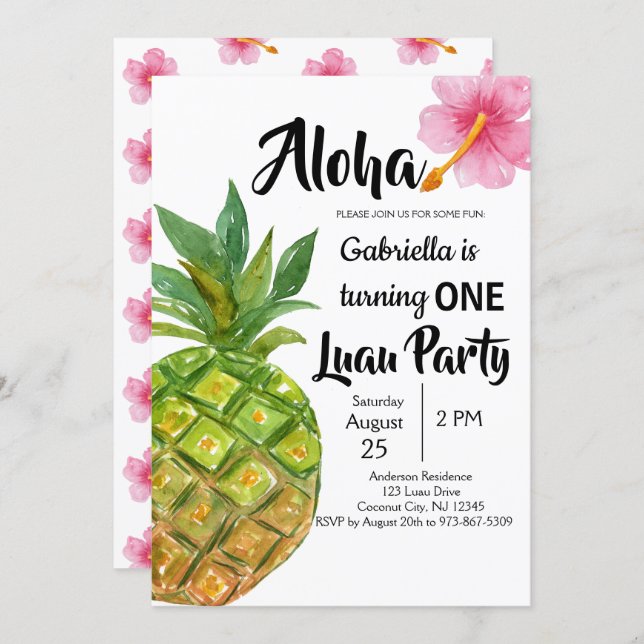 Tropical Luau Pineapple First Birthday Party Invitation (Front/Back)