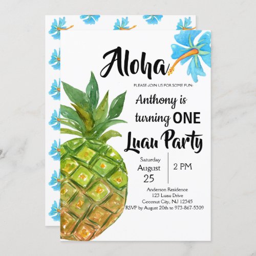 Tropical Luau Pineapple First Birthday Party Invitation