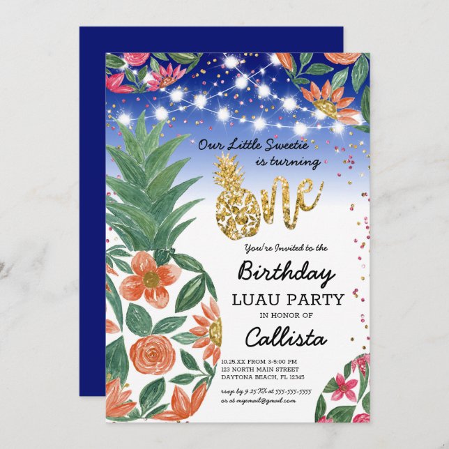 Tropical Luau Pineapple Light Glitter 1st Birthday Invitation (Front/Back)