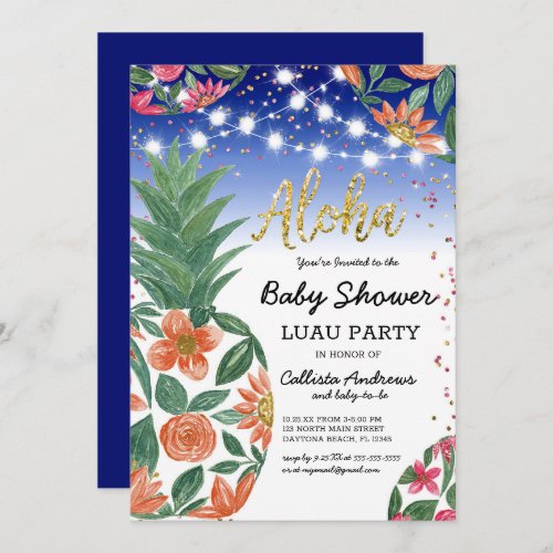Tropical Luau Pineapple Lights Glitter Baby Shower Invitation