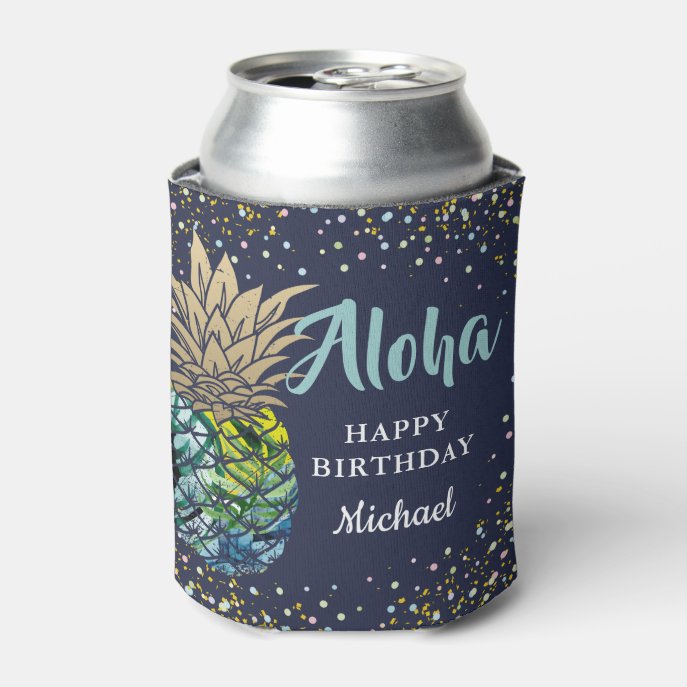 Tropical Luau Pineapple Navy Blue Beach Party Can Cooler