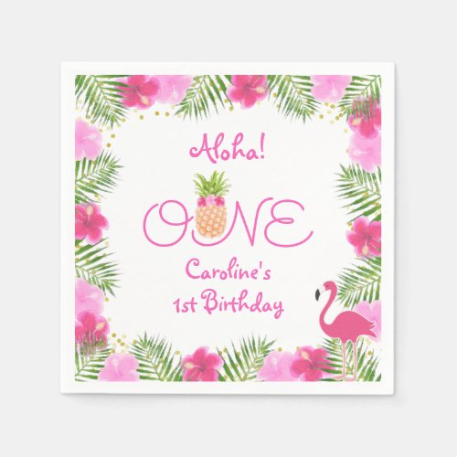 Tropical Luau Pink Floral Girl 1st First Birthday Napkins