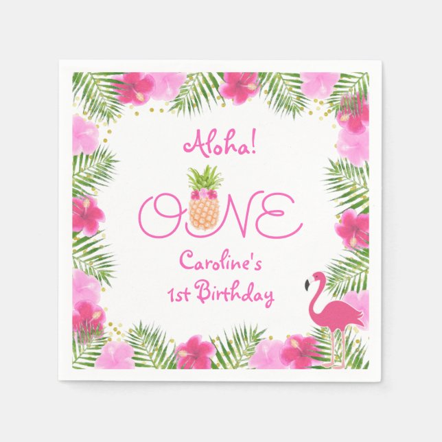 Tropical Luau Pink Floral Girl 1st First Birthday Napkins (Front)