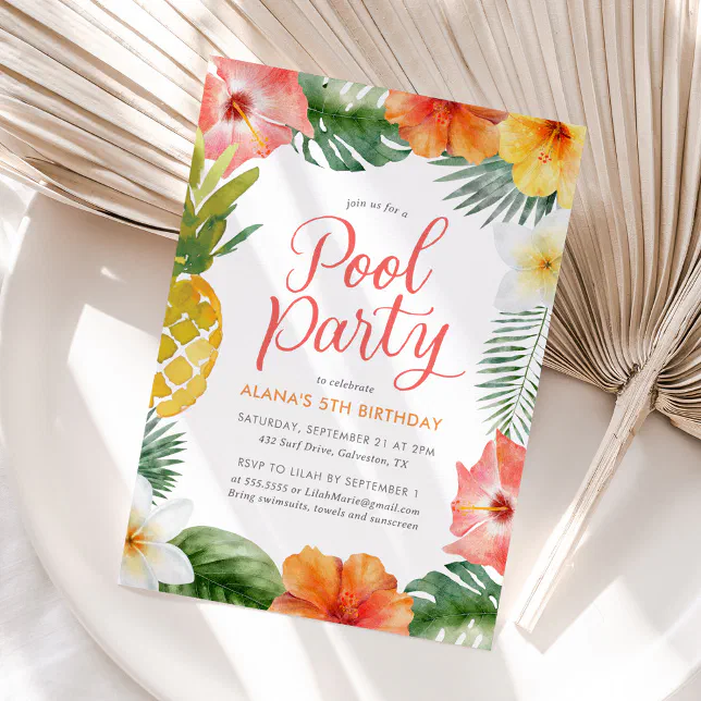 Tropical Luau Pool Party Birthday Invitation | Zazzle